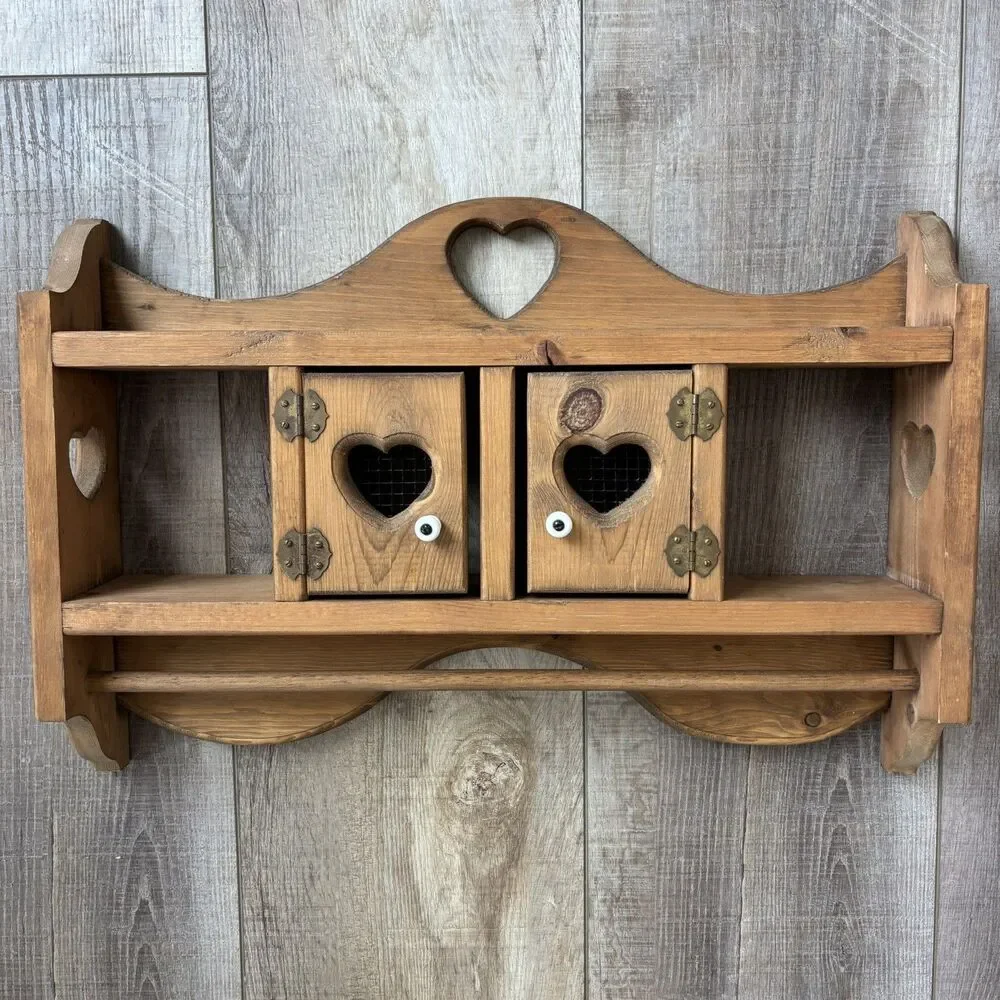 Vtg Wood Heart Door Wall Knick Knack Curio Trinket Shelf Knobs Cottage Farmhouse